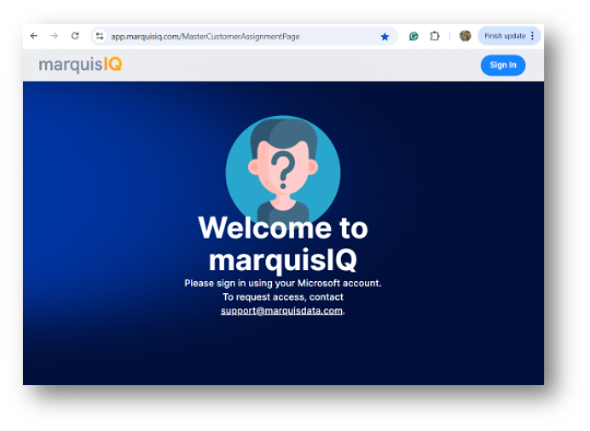 Marquis IQ sign-in page showing Welcome screen and Sign In button