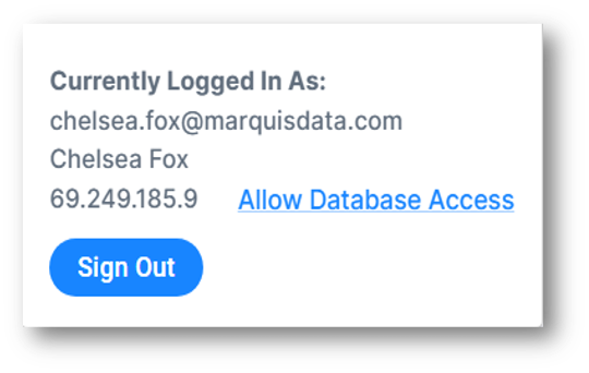 User Menu showing email, name, IP address and Allow Database Access link