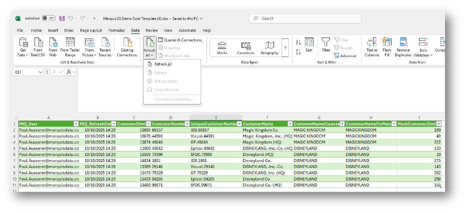 Excel Data ribbon with Refresh All dropdown open showing Refresh All option