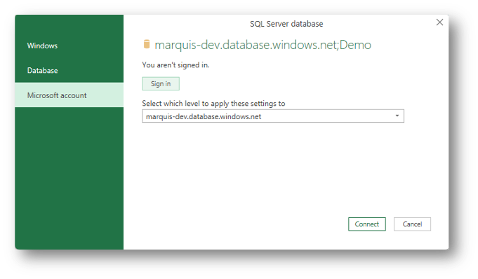 SQL Server database dialog showing Microsoft account tab with Sign in button