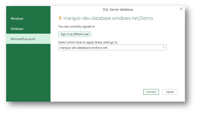 SQL Server database dialog showing You are currently signed in with Connect button
