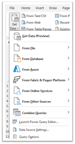 Excel Get Data dropdown menu with Data Source Settings option at the bottom