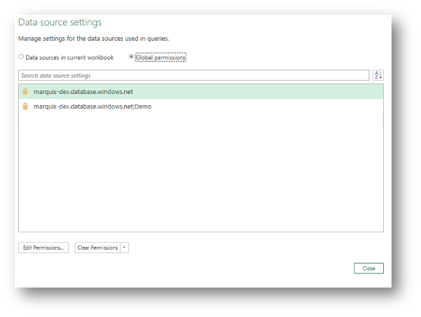 Data source settings dialog with Global permissions selected, Marquis server entries listed, and Clear Permissions button