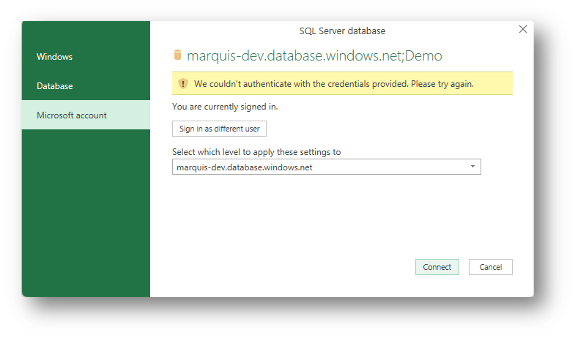 SQL Server database dialog showing We couldn't authenticate with the credentials provided error