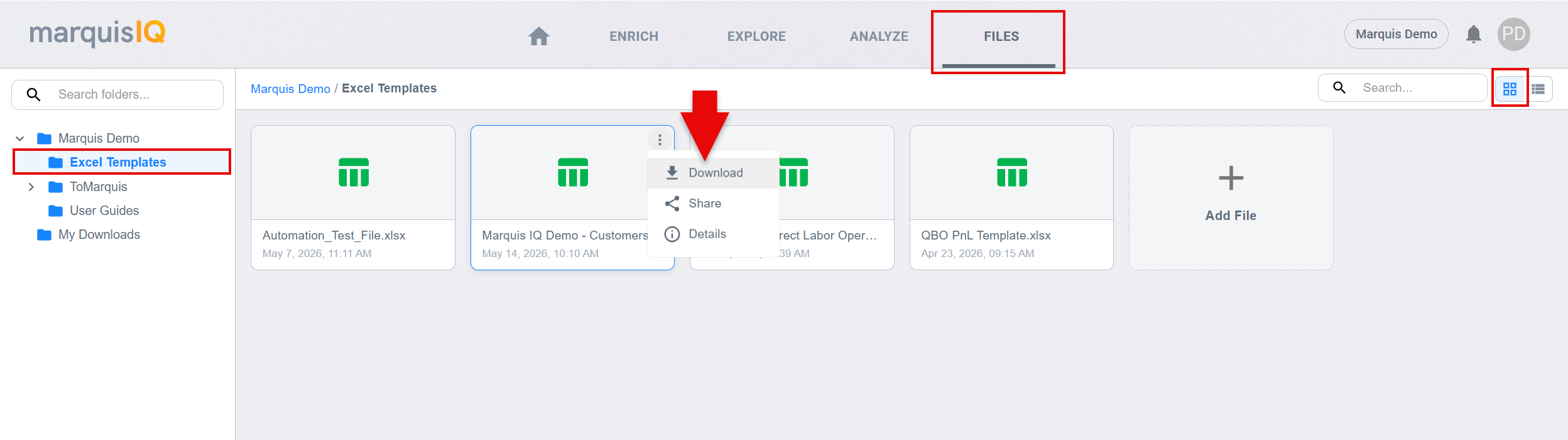 Files area in Grid mode showing Excel template files as cards