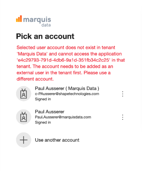 Microsoft Pick an account dialog showing red error: Selected user account does not exist in tenant Marquis Data