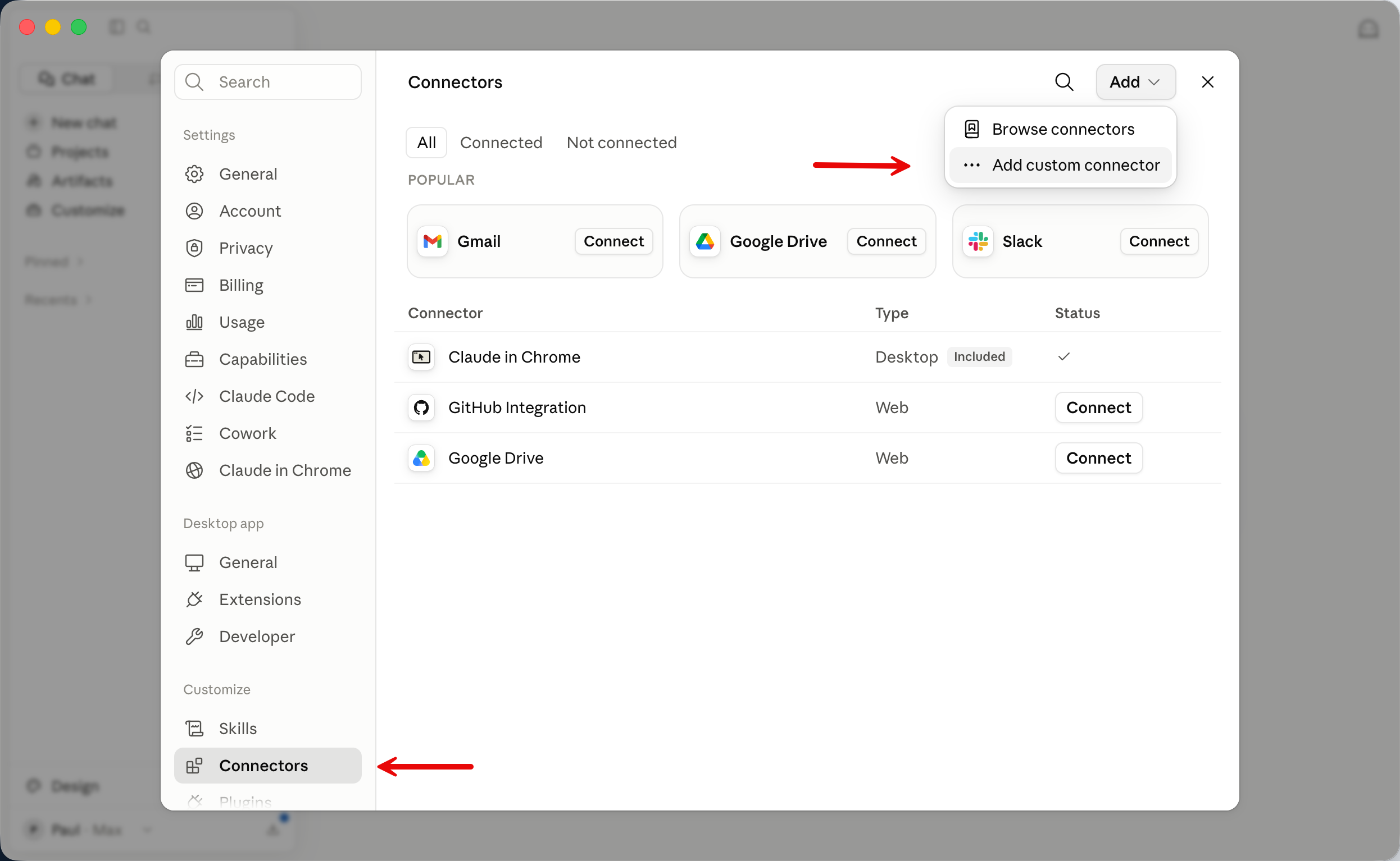 Claude Desktop Connectors screen showing Add menu