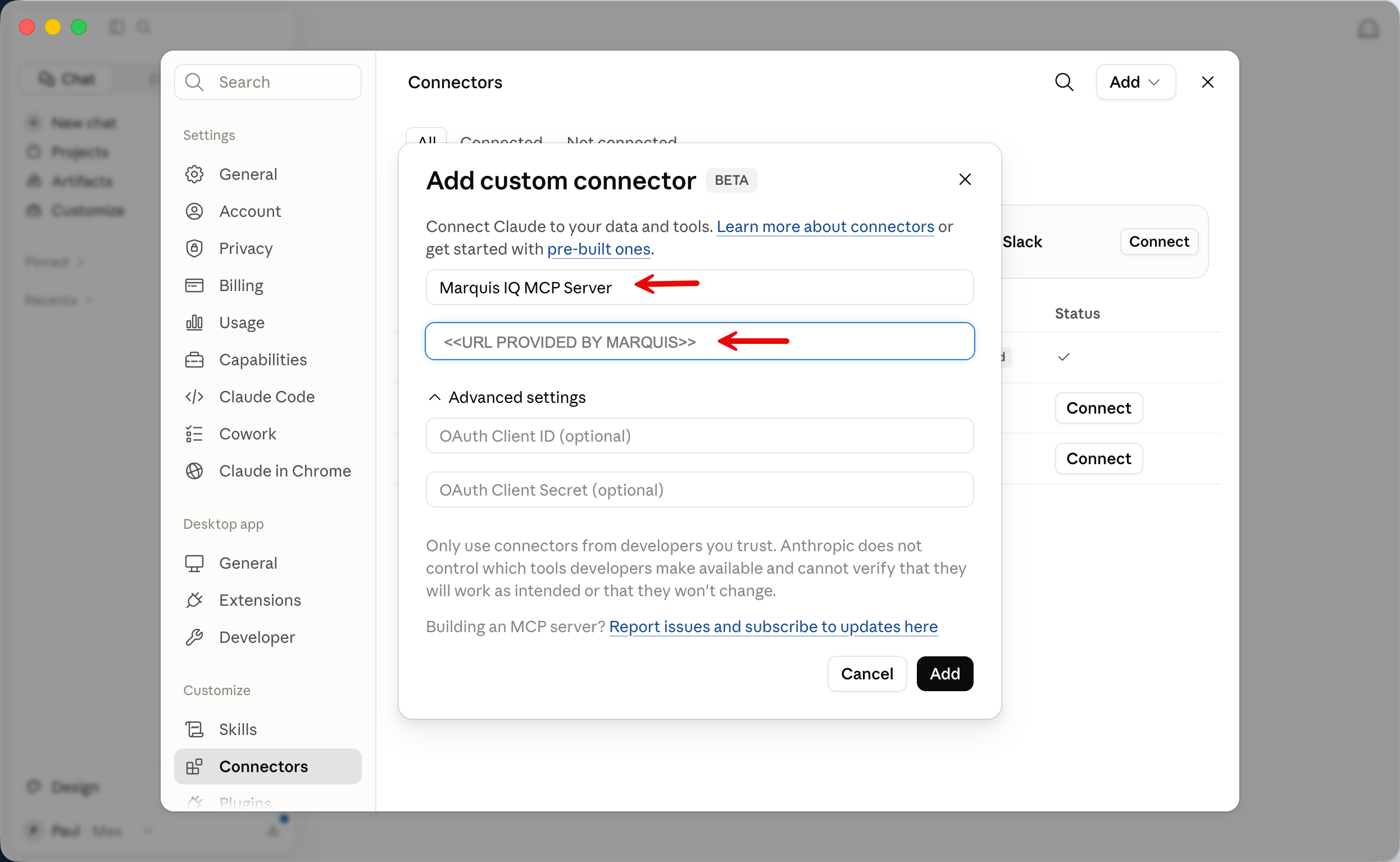 Claude Desktop custom connector entry fields