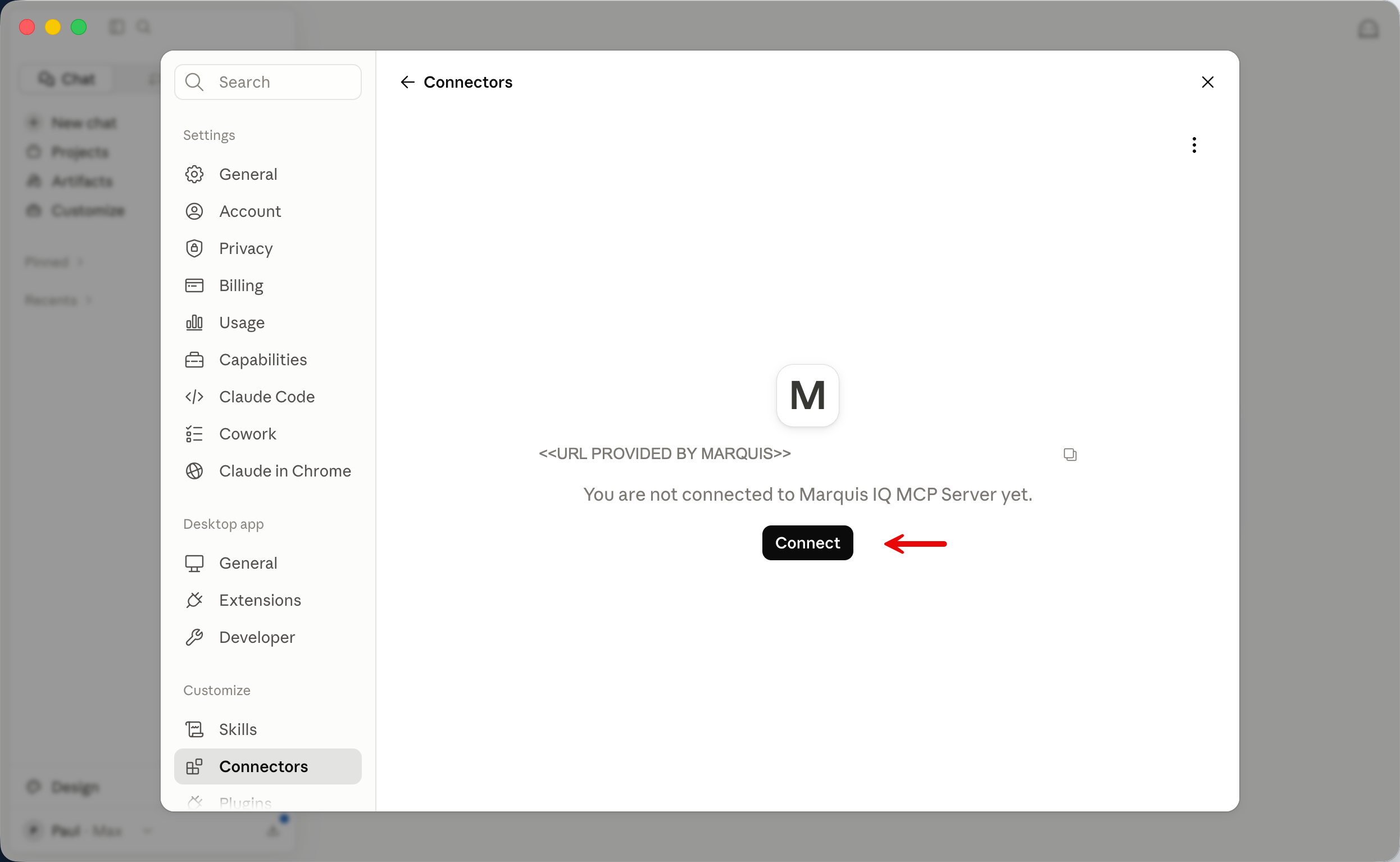 Claude Desktop custom connector Connect button and Microsoft Entra credential prompt