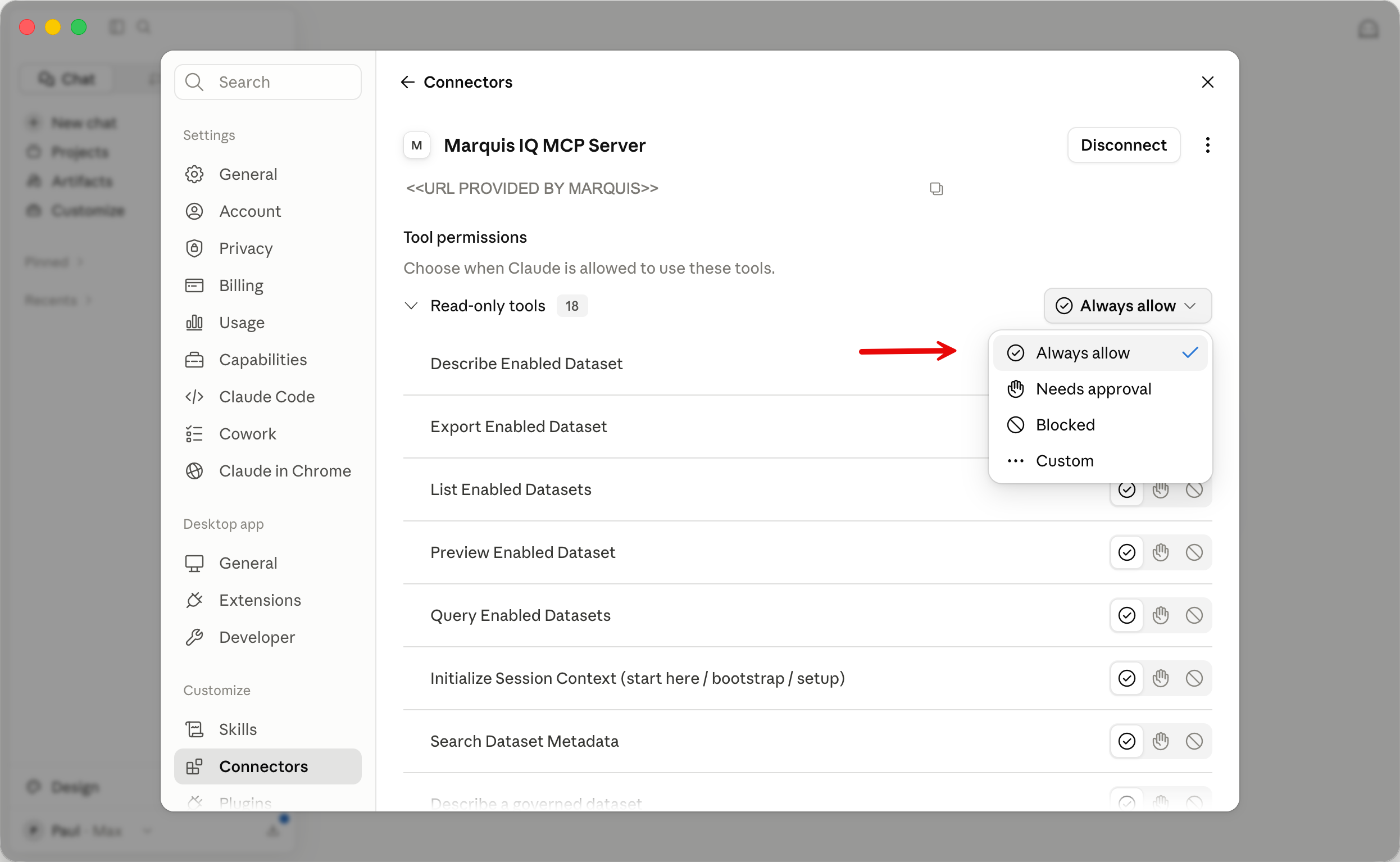 Claude Desktop custom connector configuration showing Always Allow